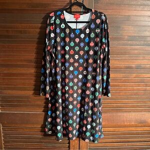 Joyland Long Sleeve Swing A-line Midi Dress Christmas Ornament Print Party Fun